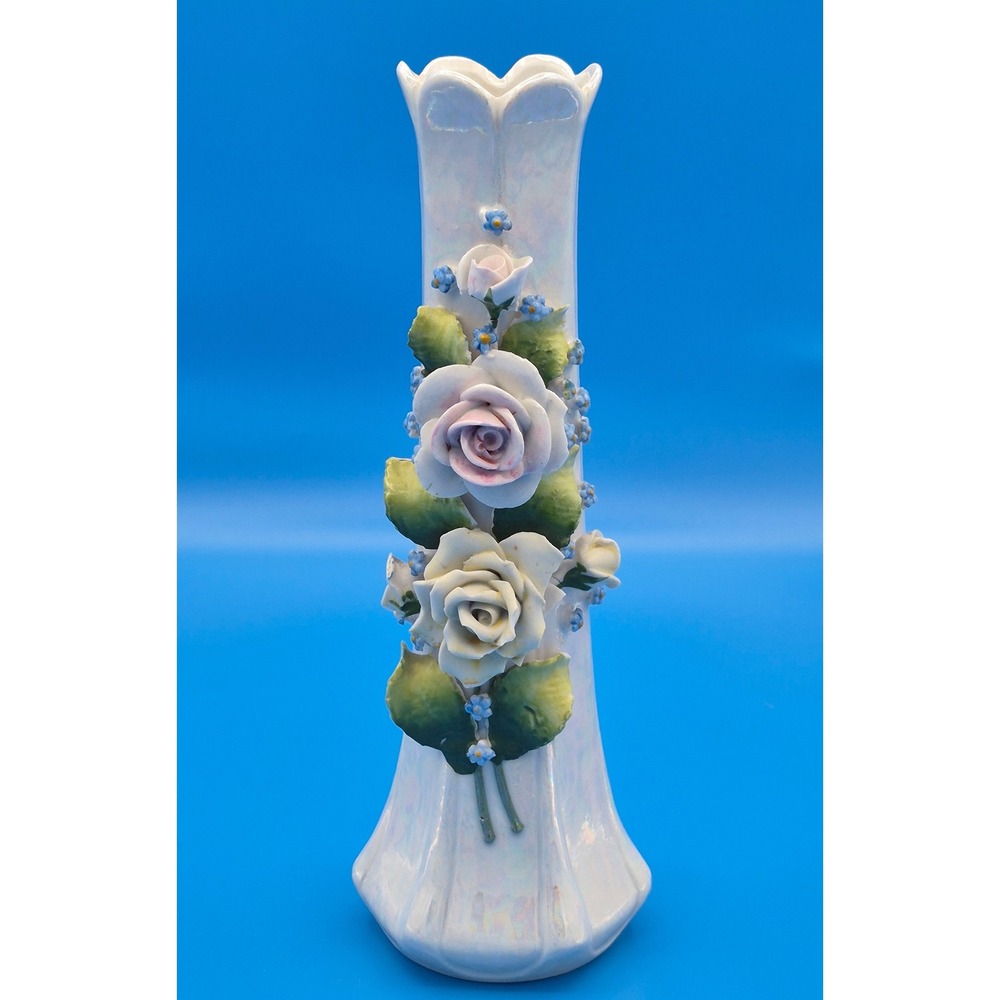 Vintage Bud Vase Ceramic Iridescent Pearl White 8 Inch Pink Roses Floral Decor